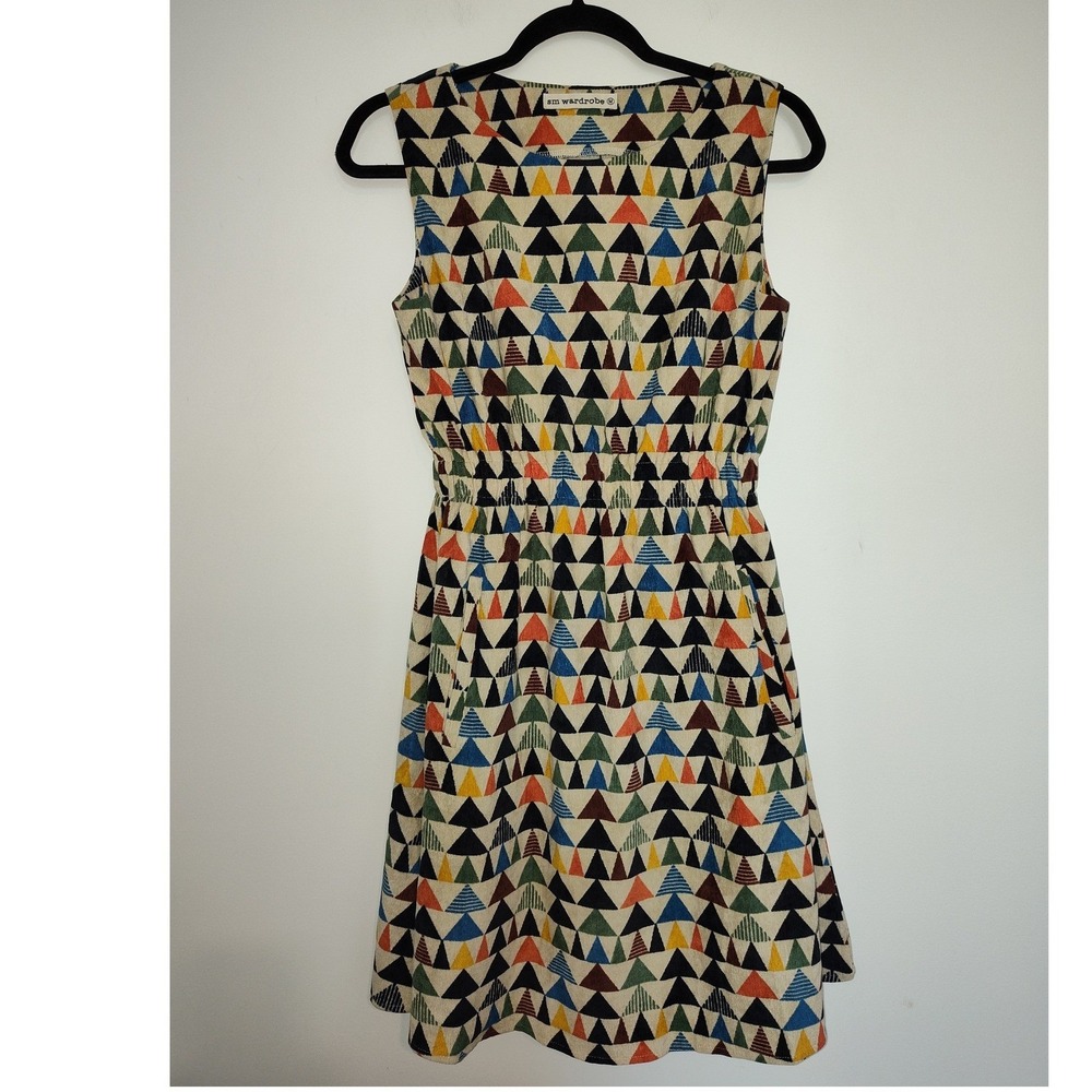 sm wardrobe Womens Geometric Triangle Print Sleeveless Fit Flare Pocket Dress M